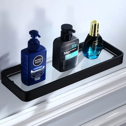 Matte black aluminum bathroom hardware set with towel rack and brush holder