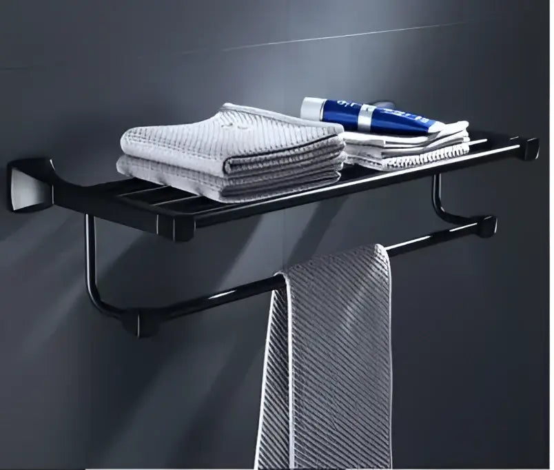 Matte black aluminum bathroom hardware set with towel rack and brush holder