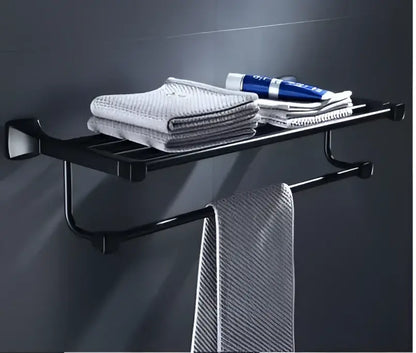 Matte black aluminum bathroom hardware set with towel rack and brush holder