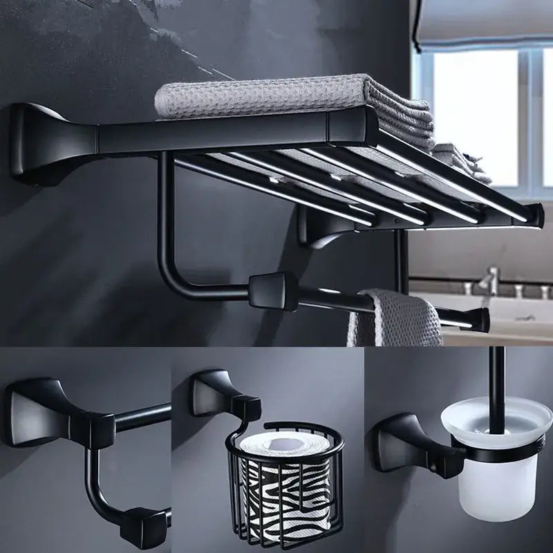 Matte black aluminum bathroom hardware set with towel rack and brush holder