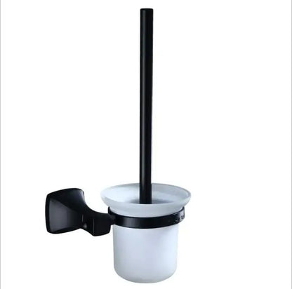 Matte black aluminum bathroom hardware set with towel rack and brush holder