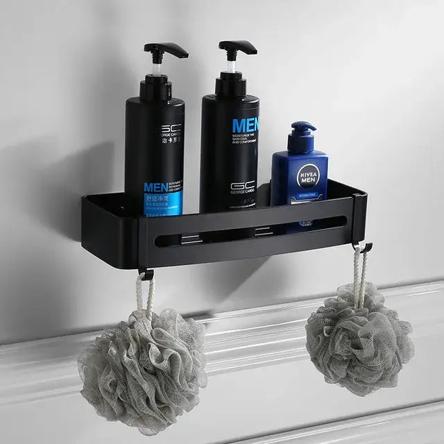 Matte black aluminum bathroom hardware set with towel rack and brush holder