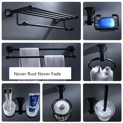 Matte black aluminum bathroom hardware set with towel rack and brush holder