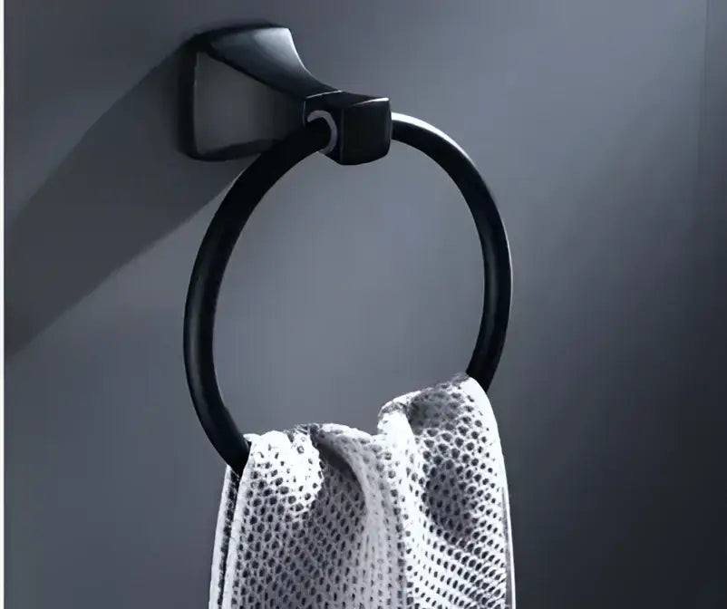 Matte black aluminum bathroom hardware set with towel rack and brush holder