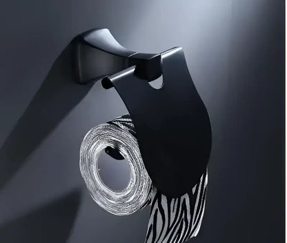 Matte black aluminum bathroom hardware set with towel rack and brush holder