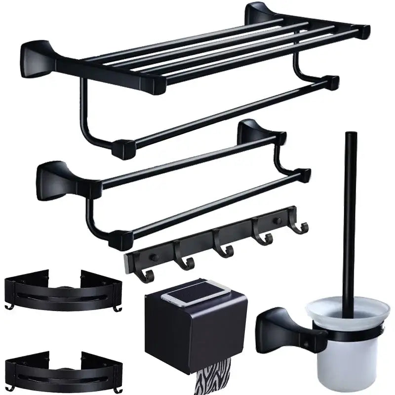 Matte black aluminum bathroom hardware set with towel rack and brush holder