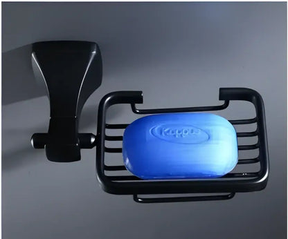 Matte black aluminum bathroom hardware set with towel rack and brush holder