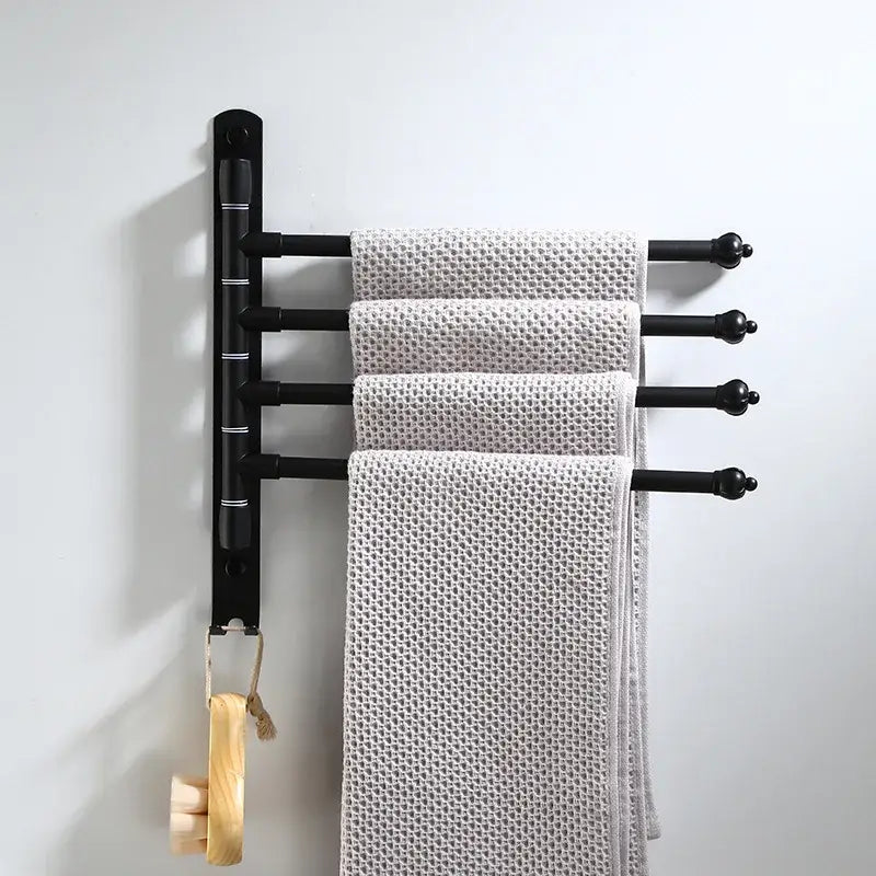 Matte black aluminum bathroom hardware set with towel rack and brush holder