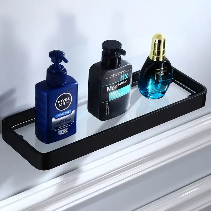 Matte black aluminum bathroom hardware set with towel rack and brush holder