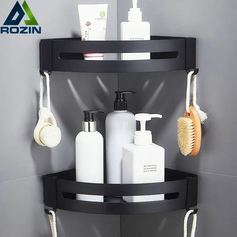 Two tier aluminum black corner basket – bathroom storage rack