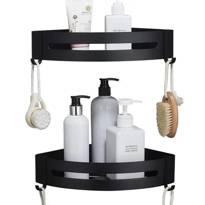 Two tier aluminum black corner basket – bathroom storage rack