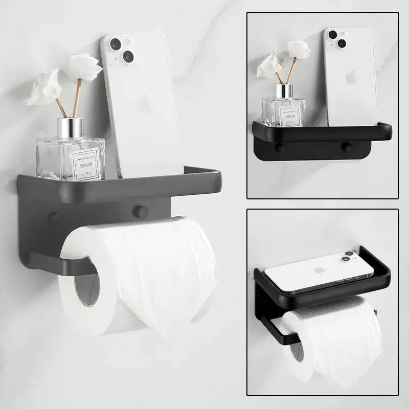 Matte black aluminum tissue holder with phone shelf bathroom rack