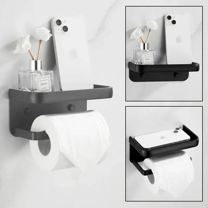 Matte black aluminum tissue holder with phone shelf bathroom rack