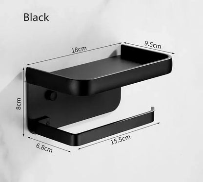 Matte black aluminum tissue holder with phone shelf bathroom rack