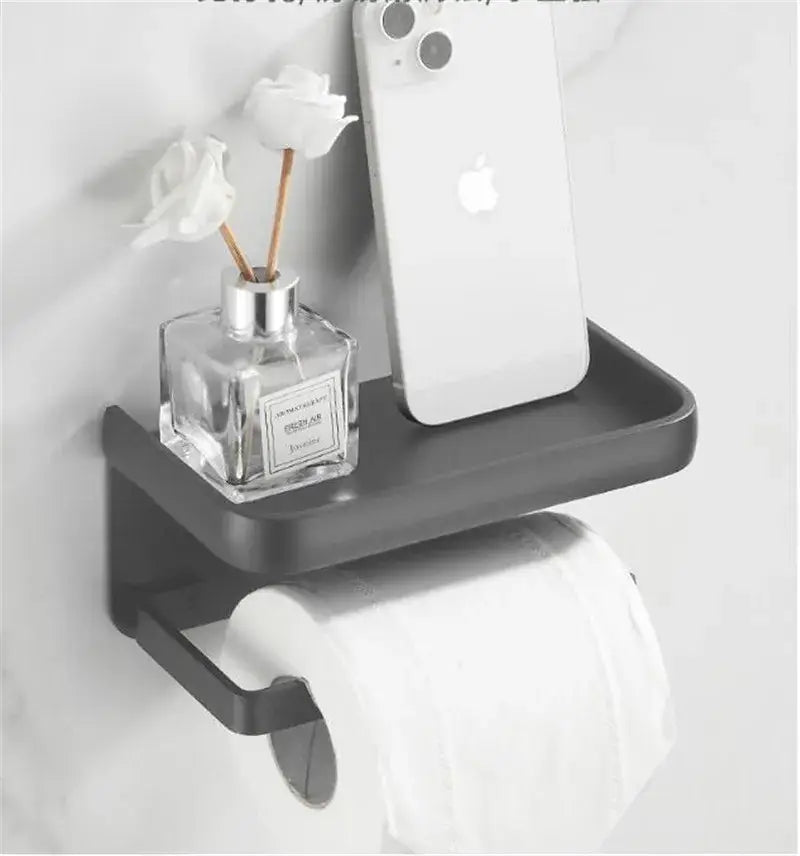 Matte black aluminum tissue holder with phone shelf bathroom rack