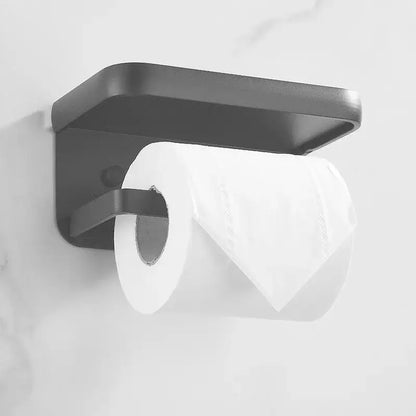 Matte black aluminum tissue holder with phone shelf bathroom rack