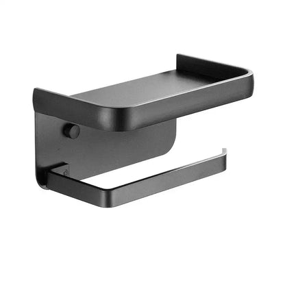 Matte black aluminum tissue holder with phone shelf bathroom rack