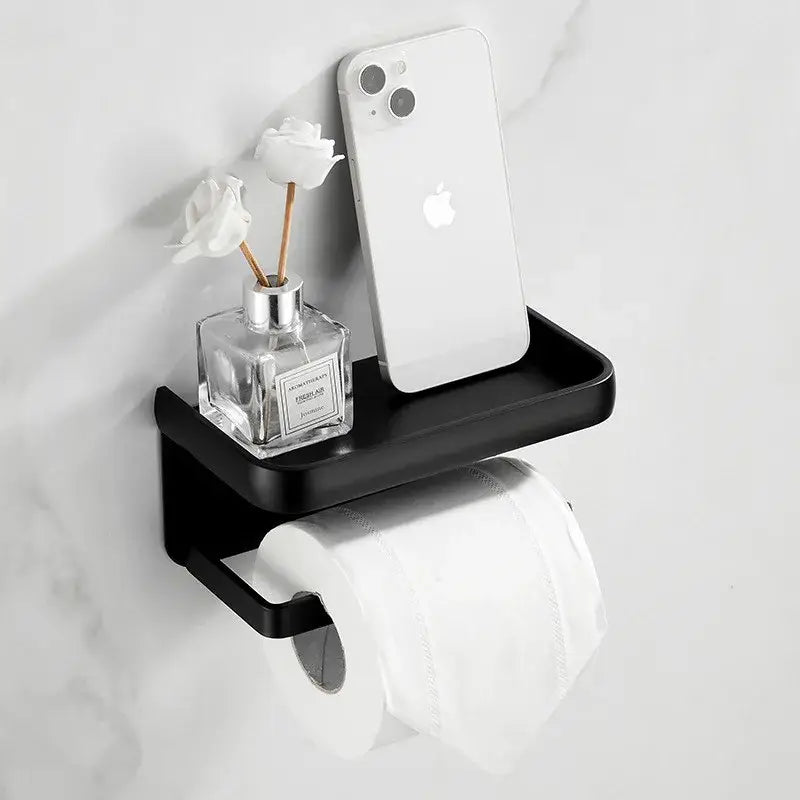 Matte black aluminum tissue holder with phone shelf bathroom rack
