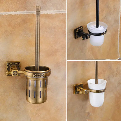 Antique brass ornate toilet brush holder set with ceramic cup bathroom