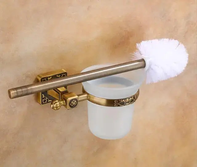 Antique brass ornate toilet brush holder set with ceramic cup bathroom