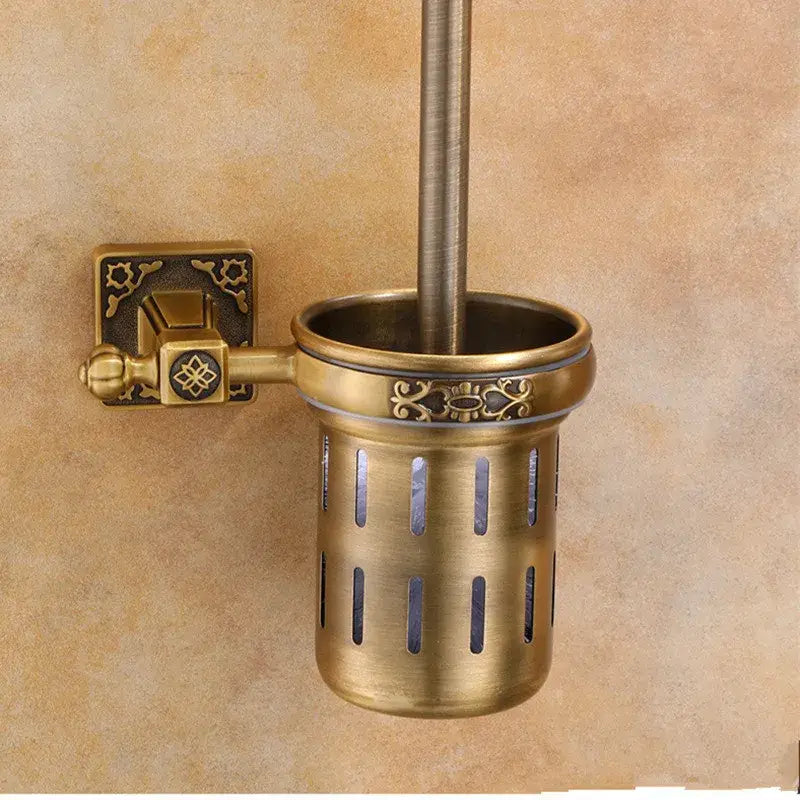 Antique brass ornate toilet brush holder set with ceramic cup bathroom