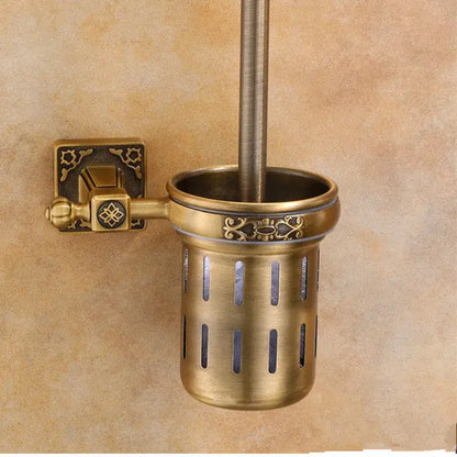 Antique brass ornate toilet brush holder set with ceramic cup bathroom