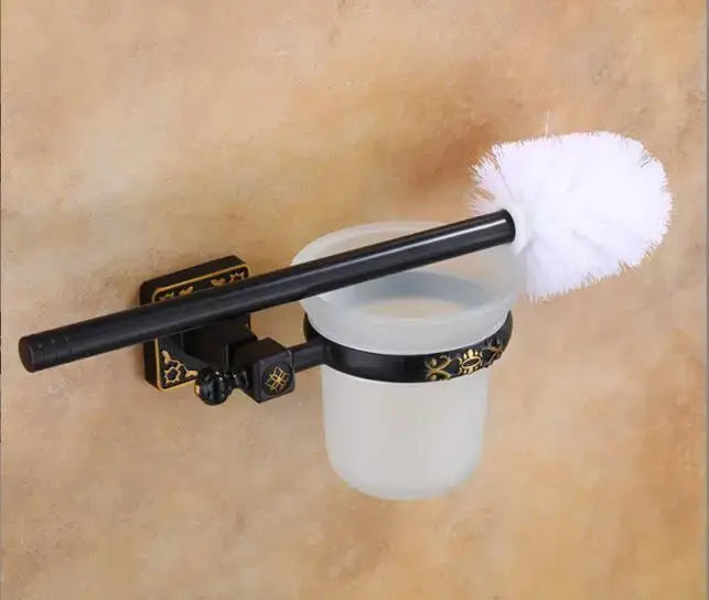 Antique brass ornate toilet brush holder set with ceramic cup bathroom
