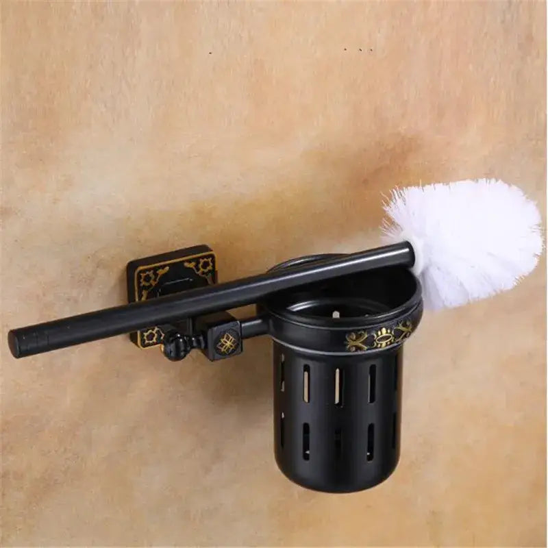 Antique brass ornate toilet brush holder set with ceramic cup bathroom