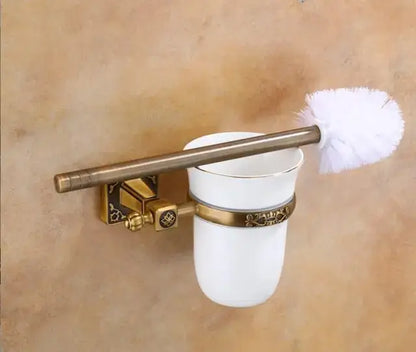 Antique brass ornate toilet brush holder set with ceramic cup bathroom