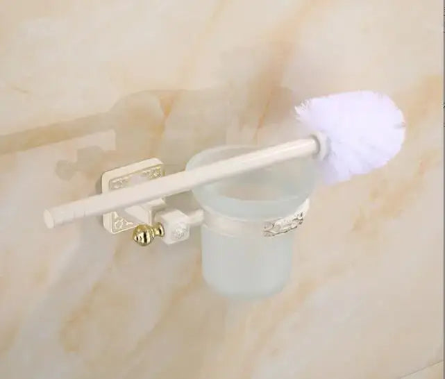 Antique brass ornate toilet brush holder set with ceramic cup bathroom