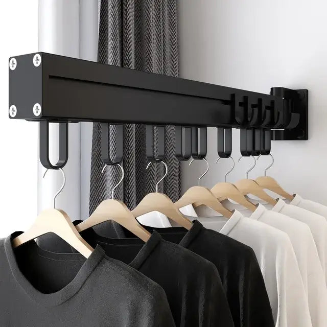 Black foldable aluminum clothing hanger rack laundry room wall mount