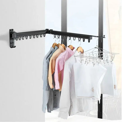 Black foldable aluminum clothing hanger rack laundry room wall mount