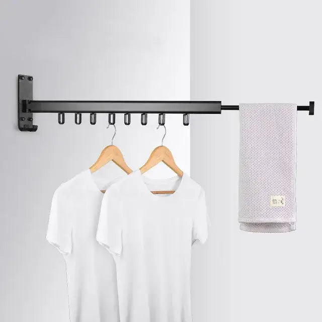 Black foldable aluminum clothing hanger rack laundry room wall mount