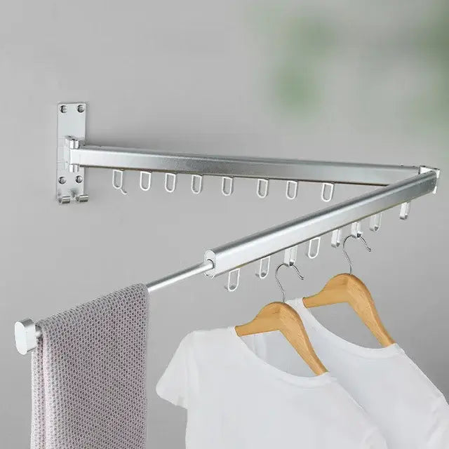 Black foldable aluminum clothing hanger rack laundry room wall mount