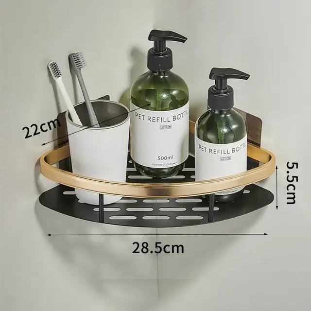 Gold & black aluminum corner bathroom shelf with towel hooks