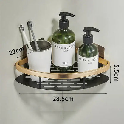 Gold & black aluminum corner bathroom shelf with towel hooks