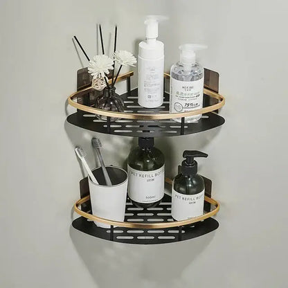 Gold & black aluminum corner bathroom shelf with towel hooks