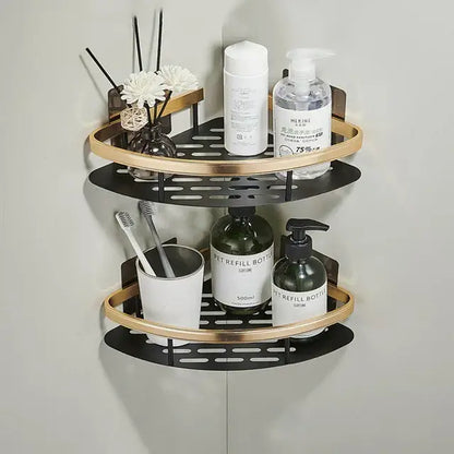 Gold & black aluminum corner bathroom shelf with towel hooks