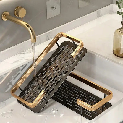 Gold & black aluminum corner bathroom shelf with towel hooks