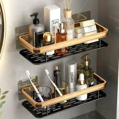 Gold & black aluminum corner bathroom shelf with towel hooks