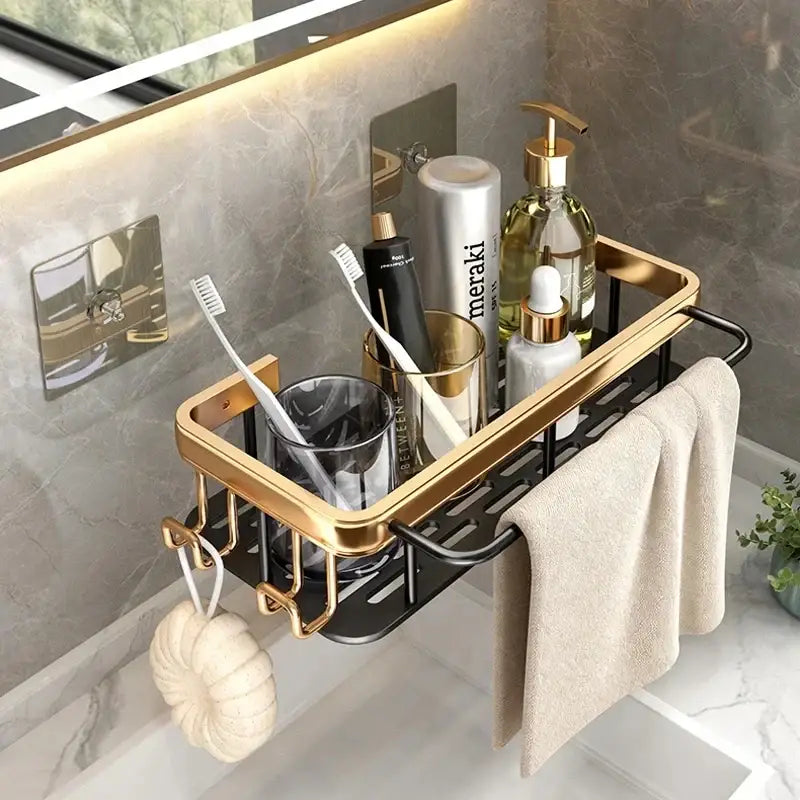 Gold & black aluminum corner bathroom shelf with towel hooks