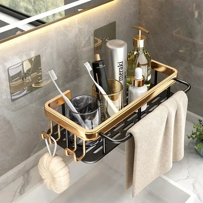 Gold & black aluminum corner bathroom shelf with towel hooks