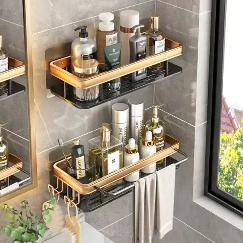 Gold & black aluminum corner bathroom shelf with towel hooks