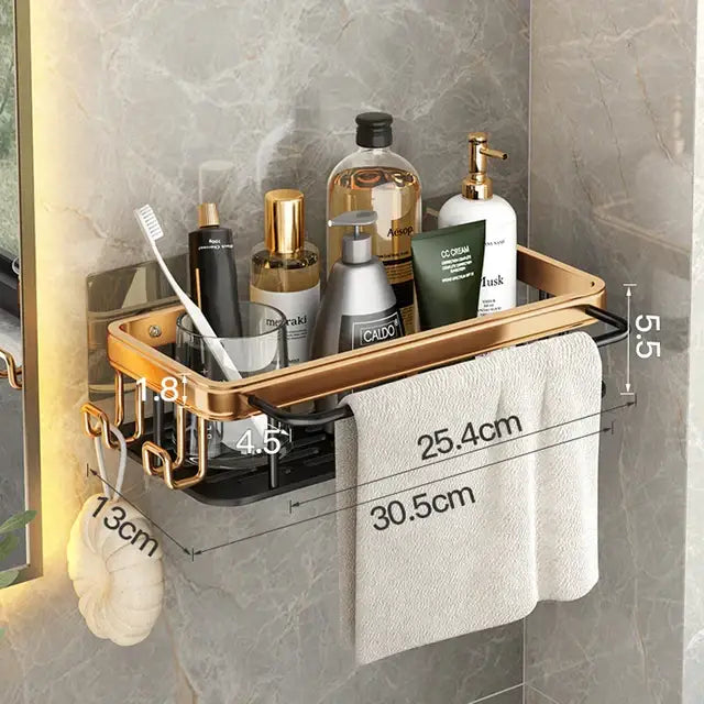 Gold & black aluminum corner bathroom shelf with towel hooks