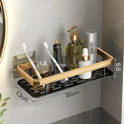 Gold & black aluminum corner bathroom shelf with towel hooks
