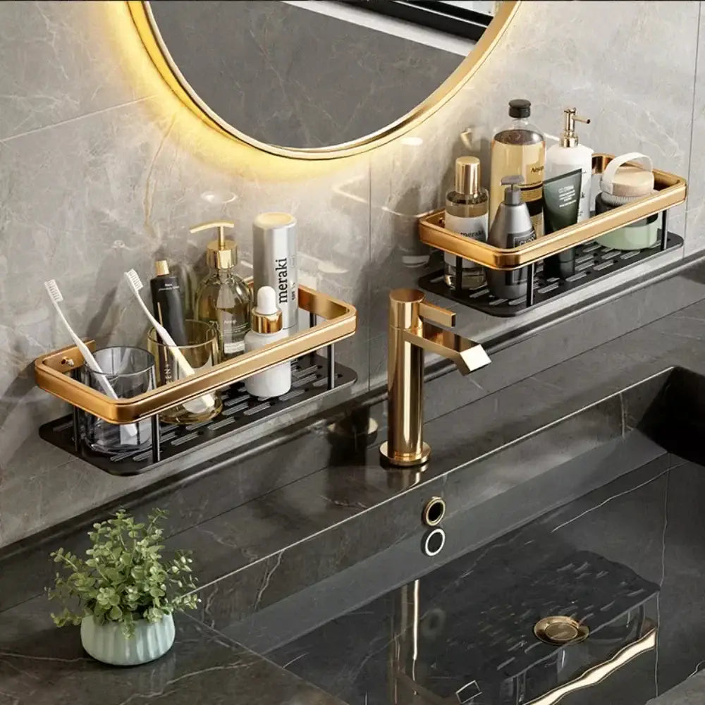 Gold & black aluminum corner bathroom shelf with towel hooks