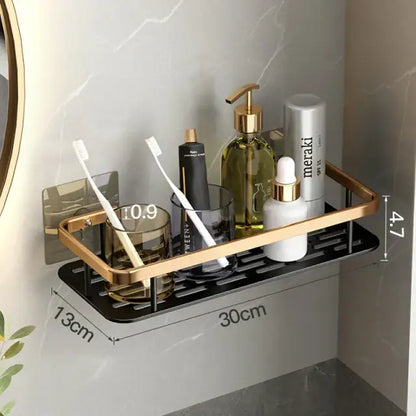 Gold & black aluminum corner bathroom shelf with towel hooks