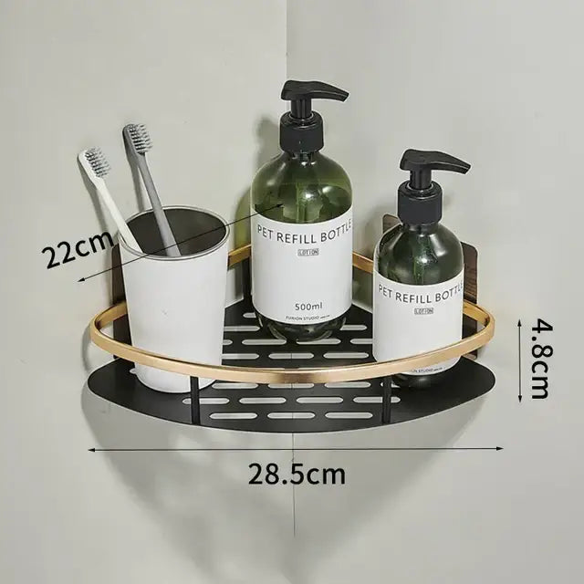 Gold & black aluminum corner bathroom shelf with towel hooks