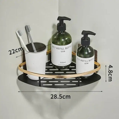 Gold & black aluminum corner bathroom shelf with towel hooks