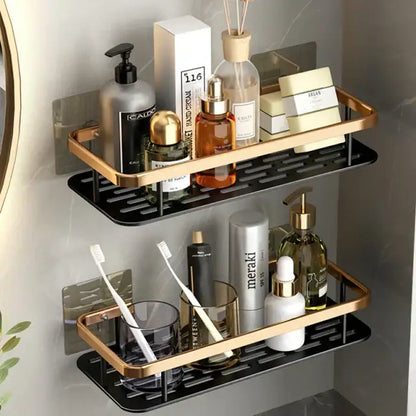 Gold & black aluminum corner bathroom shelf with towel hooks